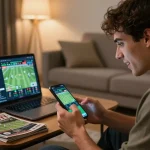 CakhiaTV user engaging with sports betting app on smartphone in a cozy living room