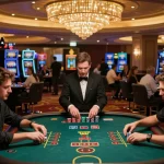 Players engaging in a thrilling baccarat game at LV88 casino, surrounded by vibrant atmosphere.
