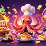 Engage with O8 as a sushi chef octopus and dragon create vibrant slot game excitement.