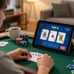 Engaging home gaming scene with MM88 poker app displayed on tablet, showcasing strategic play