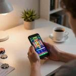 Player engaging with JUN88 casino app on a smartphone, experiencing dynamic online gambling.