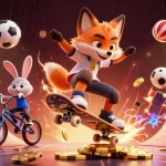 Visualize pagcor license in a dynamic scene with a skateboarder fox and BMX rabbit amid casino elements.