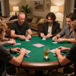 Players engage in a competitive poker game at home while enjoying drinks, showcasing sunwin gaming strategies.
