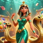 Win jackpots at O8 with a stunning emerald gown and vibrant slot reels in an action-packed scene.