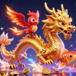 Experience hay88 with vibrant casino themes featuring a dragon, phoenix, and koi fish amidst coins.