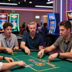 HELLO88 online gambling scene with diverse players enjoying various games in a vibrant casino.