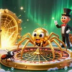 Place bets at nhà cái febet while a golden spider spins a roulette wheel web.