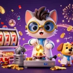 Experience the excitement of sc88 with a mad scientist cat and dog amidst golden coins and sparkling gems in a dynamic casino scene.