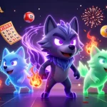 Join XX88 in an energetic celebration with vibrant lottery balls, a prize wheel, and a mesmerizing wolf scene.