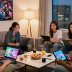 Friends enjoying free ecchi games in a cozy urban lounge, showcasing a vibrant atmosphere.