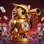 da88's impressive casino owl monitors gameplay with colorful slot machines glimmering in the scene.