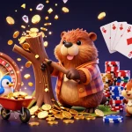 DABET engages players with a colorful scene of cartoon beavers, coins, and casino elements.