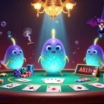 Engaging zbet casino illustration with glowworms and a bat dealer in a vibrant casino scene.