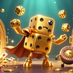 Win big with 56win as the golden dice golem juggles riches in an intense casino scene.