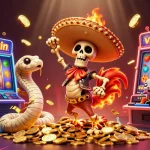Experience the excitement of vswin with vibrant characters dancing on jackpot symbols in an immersive casino scene.