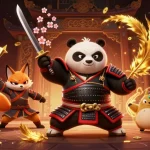 Master samurai panda battles in a vibrant gg88 casino scene with golden coins and dynamic shuriken.