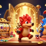 Experience thrilling slots and casino excitement with 66b com in a vibrant 3D cartoon scene.
