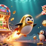 Go8 gaming enthusiasts celebrate victory amid a vibrant casino-themed scene bursting with prizes.