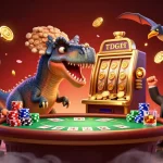 nhà cái uy tín scene depicting a dinosaur-themed casino with dynamic golden coins and vibrant elements