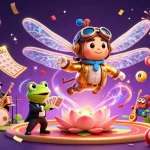 Experience thrilling moments with BETBDT at a vibrant casino scene featuring a dragonfly pilot and frog croupier.