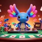 KJC casino scene with a vibrant axolotl DJ, poker table, and dynamic game elements.