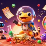 Engage with rs88's vibrant Martian gaming scene featuring a gecko amidst lottery balls and golden prizes.