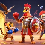 Engage with aisa through thrilling gambling elements featuring a lively rooster and tiger cub.