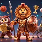 SIN88 showcases thrilling sports betting action with a Spartan lion, owl, and greyhound amidst dynamic sports elements.