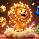 Experience the excitement of SKY88 as the sun lion roars amidst golden dice and casino elements.