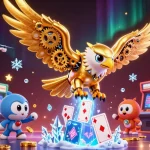 Experience the thrill of tài xỉu sunwin with a 3D golden eagle soaring amid colorful gaming elements and holographic cards.