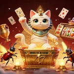 Engage with pg88's thrilling casino world featuring a mummy cat, treasure, and vibrant slot reels.