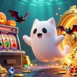 Engage with O8's thrilling casino experience featuring a ghost cat in a haunted slot mansion under gem-filled glow.