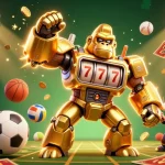 Play and win big at NH88 ĐĂNG NHẬP, showcasing a dynamic 3D casino scene with vibrant sports elements and a golden gorilla mech.