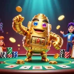 Win big at new online casinos UK, featuring dynamic poker elements and a golden golem.