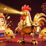 Join the action at alo789 with a golden rooster robot amidst a vibrant online casino scene.