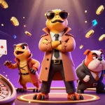 Engage with EX88's vibrant casino scene featuring raptors and a bulldog bouncer.
