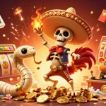 S8 casino victory with a skeleton rooster, jackpot symbols, and vibrant game elements.