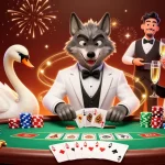 Engage with Socolive on a vibrant casino scene showcasing a debonair wolf and elegant swan.