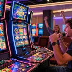 Exciting win at non uk casinos not on gamstop with players celebrating in vibrant gaming lounge.