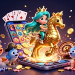 E2BET COM showcases a vibrant casino scene with a mermaid princess and seahorse amidst dynamic gaming elements.